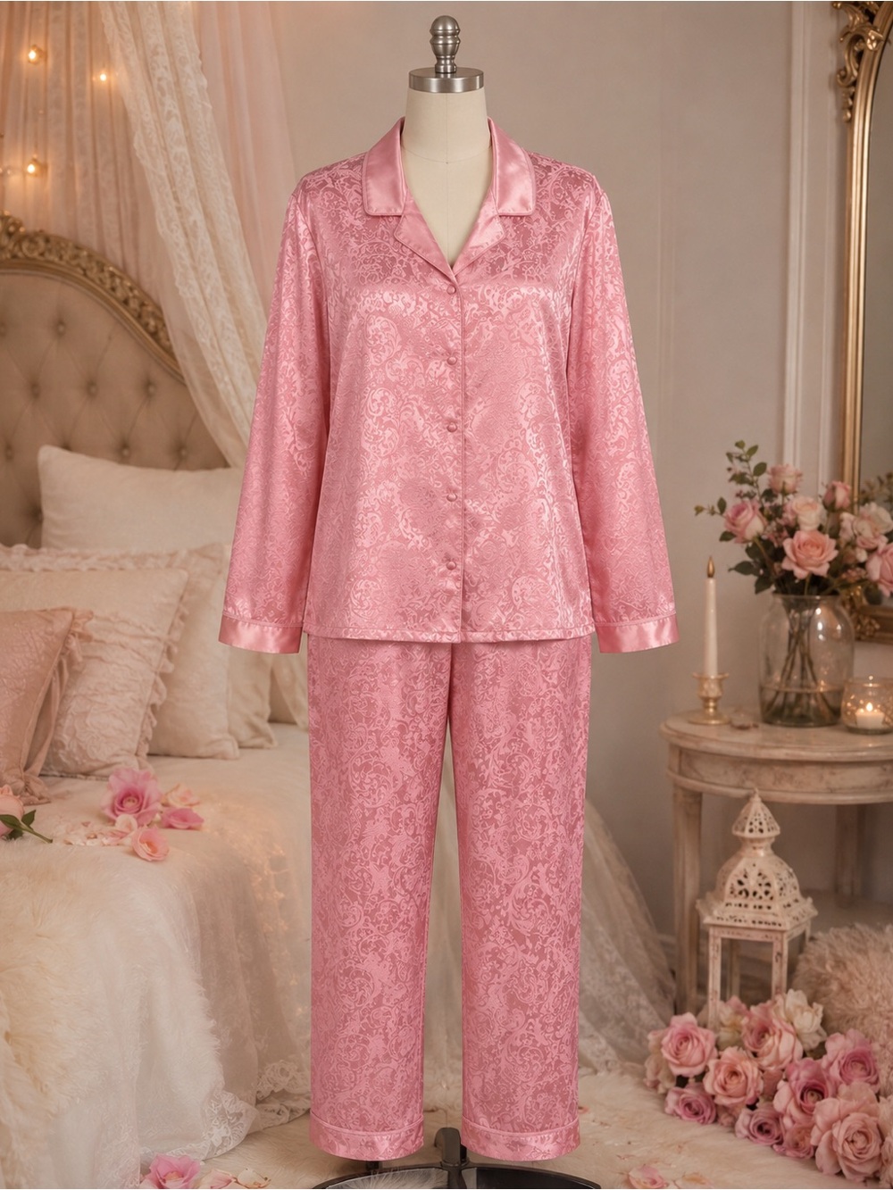 Vintage Y2K Enchanting Pink Satin Jacquard Pajama Set L 14-16